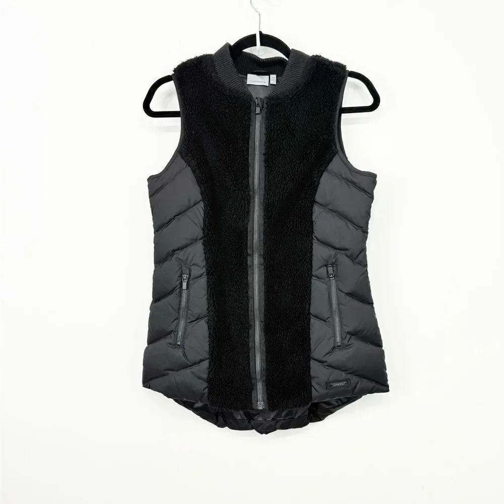 Athleta Tundra Quilted Goose Down Insulated Black Puffer Vest With Fleece Trim